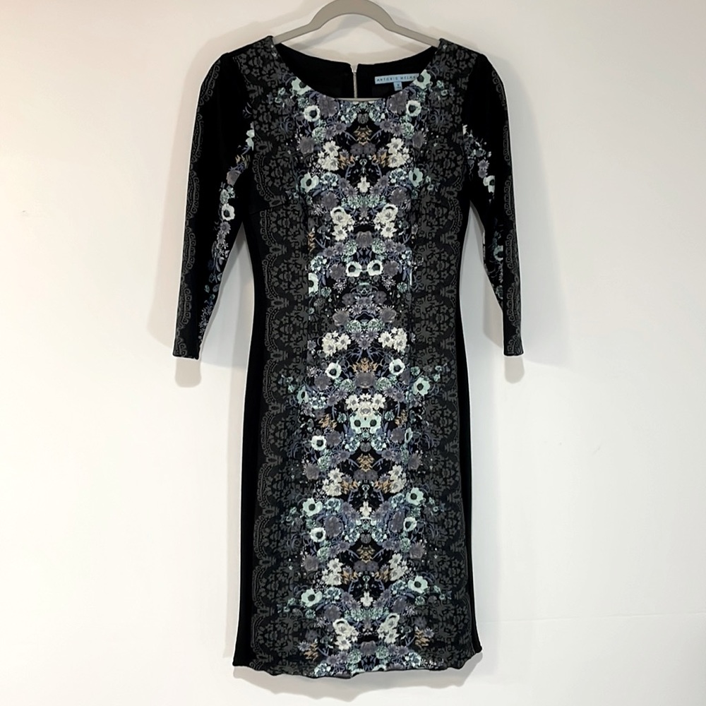 ANTONIO MELANI floral print black pencil dress. Size 0.
